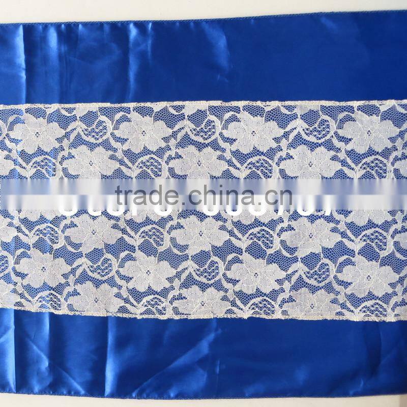 50PCS A Lot 32cm*200cm White Hard Yarn Lace & Royal Bule Satin Sash With Plastic Shinny Buckle For Wedding Use