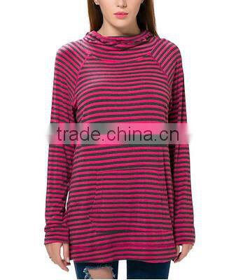 Striped Pattern Hooded Collar Pockets Leisure Top
