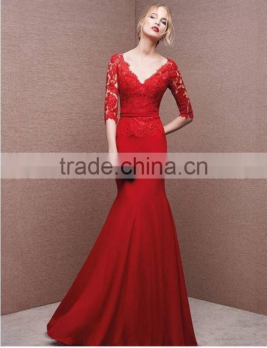 long sleeve nude evening red prom dress with sleeves
