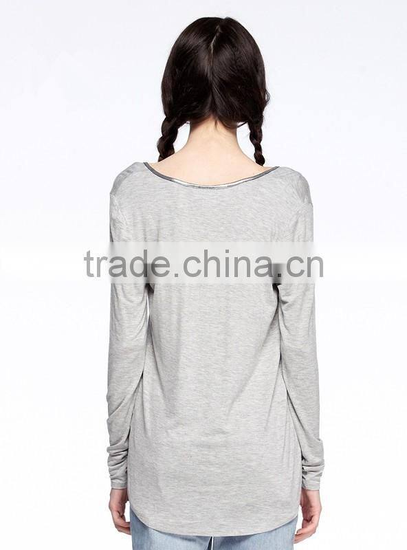 Slim fit women gray long sleeve large V-neck t shirt