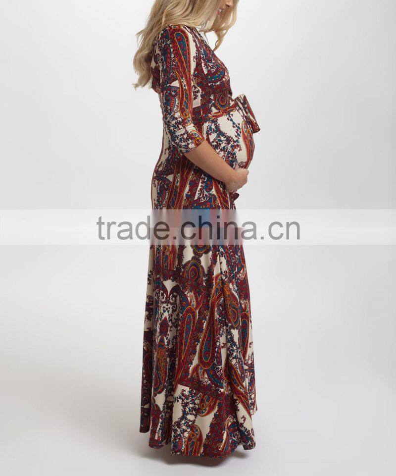 Newest Maternity Dresses With PinkBlush Burgundy Paisley Maternity Maxi Dress Women Wear WD80817-27