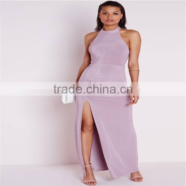 Lastest wedding dress for halter neck backless empty ,elastane satin maxi kick split at front hem evening dress oem service