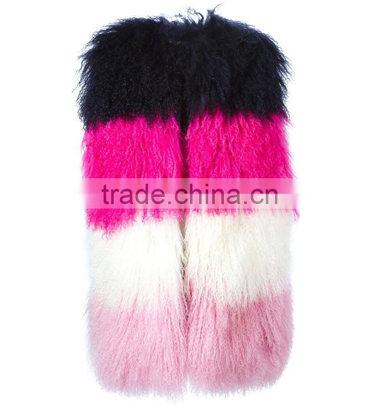 SJ206-01 Combined Colorful Lamb Fur Vest Mongolian from China Real Fur Vest for Women 2016