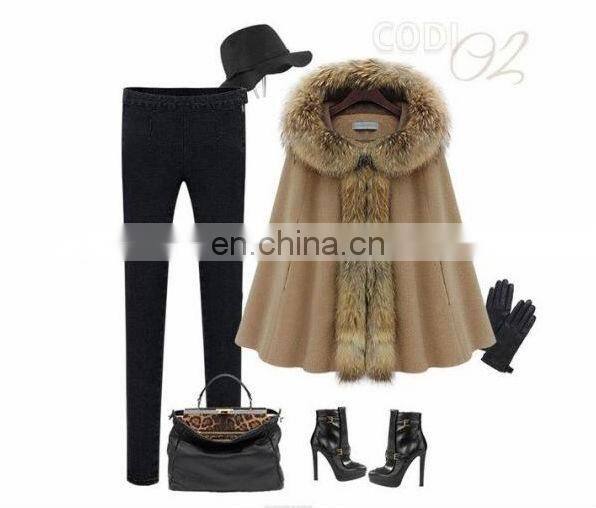 2013 Luxury Woman's Mink Fur Collar Hooded Cloak Coat
