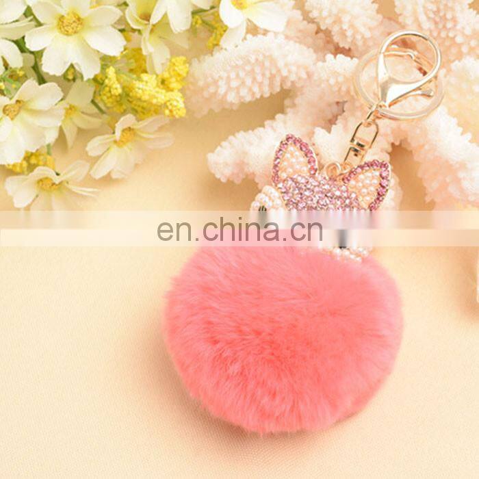 Diamond Animal With 8cm Real Rabbit Fur Pompom Keyring Key Chain