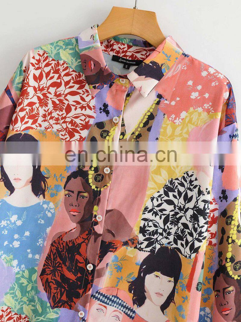Clothing wholesale custom fashion trend women's casual loose color oil painting beauty printing long-sleeved shirt