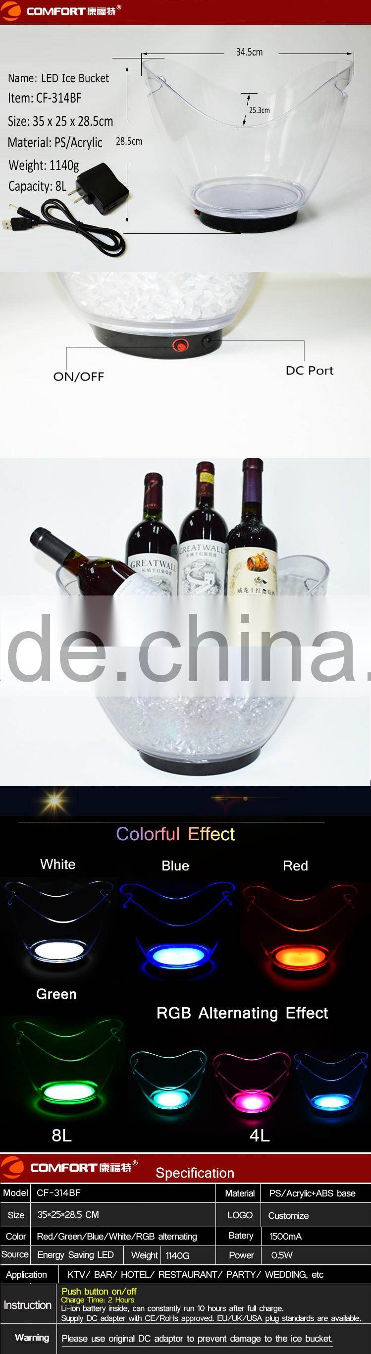 2016 customize rechargeable battery powered illuminated acrylic plastic led ice bucket