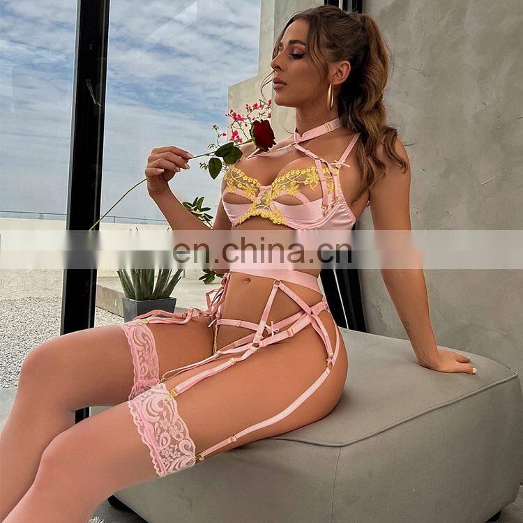 3pcs Hollow Out Pink Bandage Erotic Bra Panties Set Pink Color with Neck Ring 2022 Lingerie