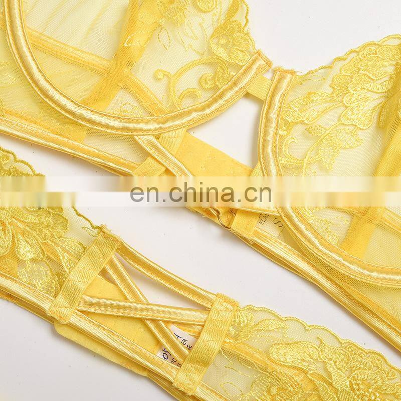 Lace See through Lingerie with Steel Ring Gathered Push up Bra Sexy Bra and Panties Sets