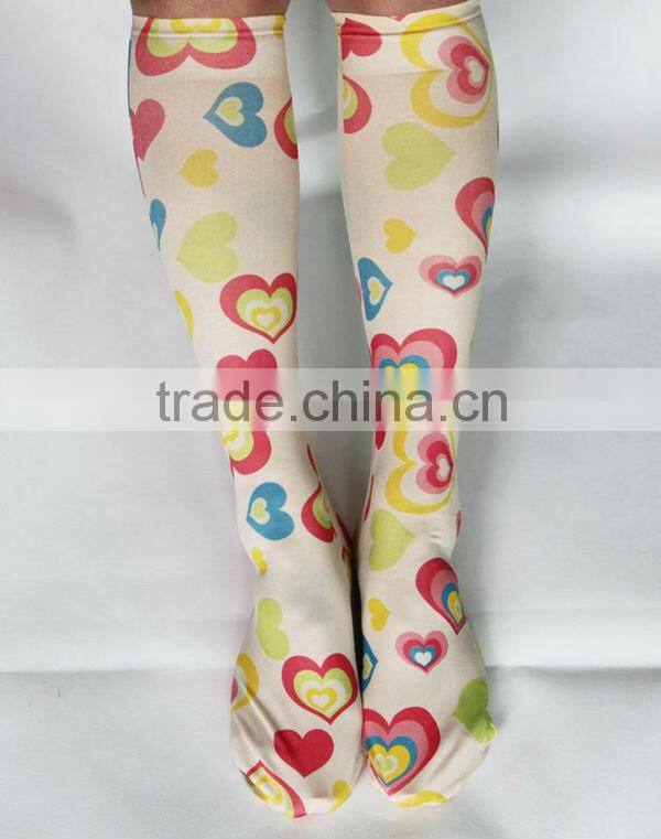 Wholesale custom knee high heart print silk stockings, compression socks prints, digital print socks