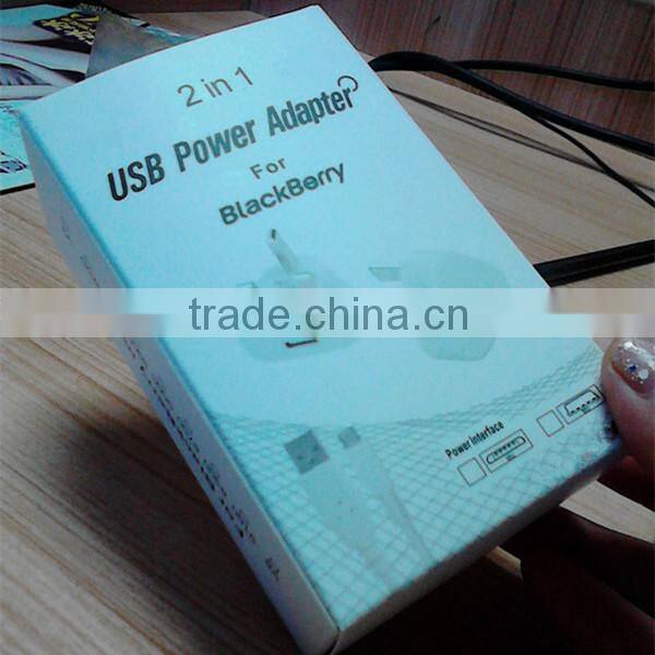 OEM black white gold logo printing us eu 1.5a dual usb charger for blackberry with micro cable and paper box