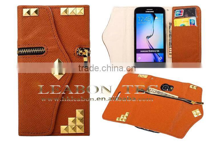 Leather Wallet Book Case Cover for Samsung Galaxy S6 Edge with zipper