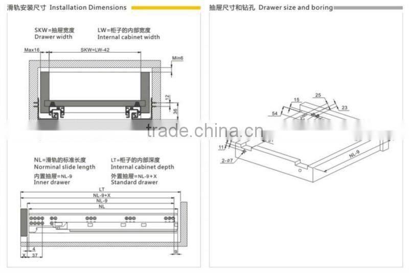 Make in China US type Full extension soft closing drawer slide