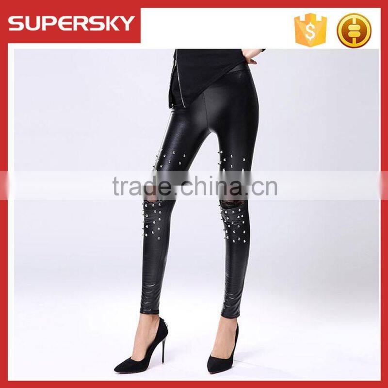 B427 Popular High waist pants hole knee lace rivet pu imitation leather leggings wholesale