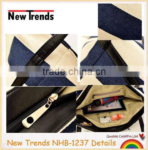 Blue and black stripes canvas handbag with PU shoulder
