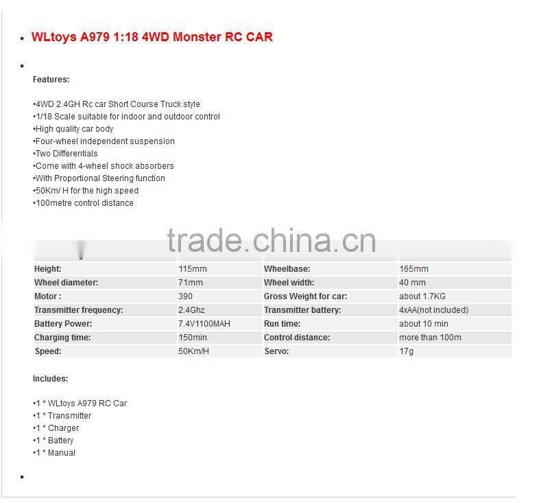 Wltoys WL A979 1:18 RC CAR Large 4WD RC Proportional Toy Truck RTR Electric Fastest