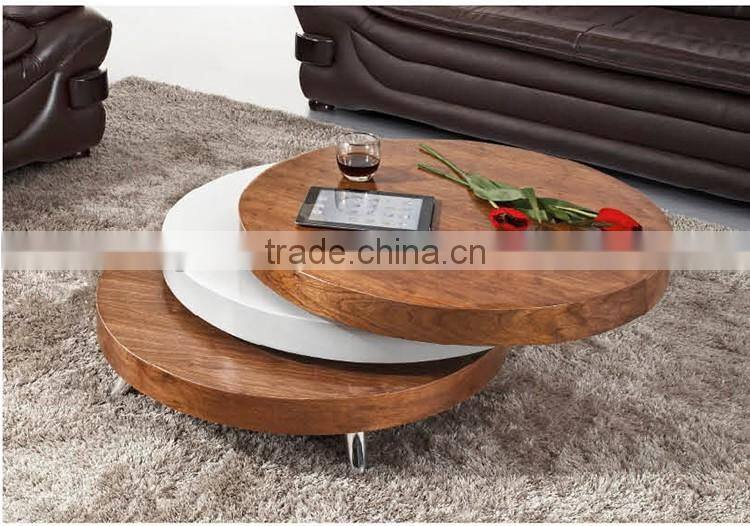 round rotating wood coffee table three layers metal legs