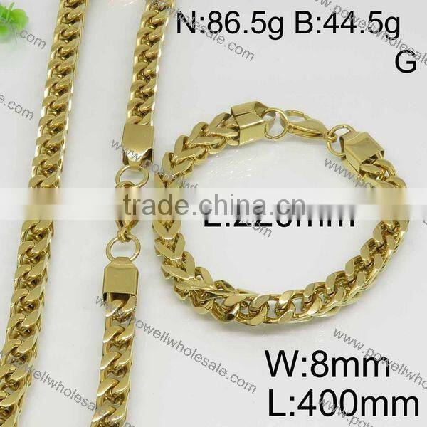 Hot classic stainless steel gold plated necklace and bracelet jewelry set