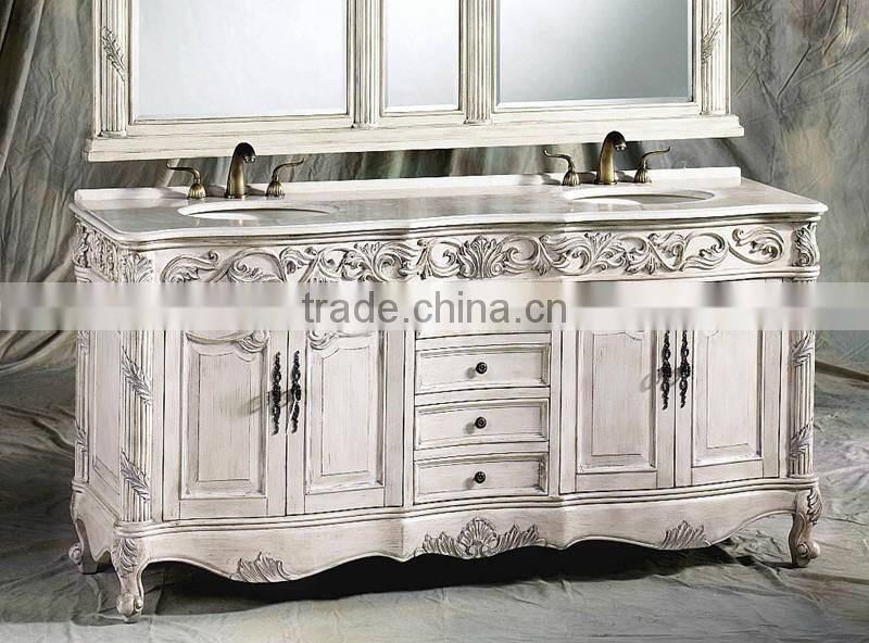 Retro Classic Bathroom Furniture Vanity With Double Sink, Vintage Sanitary Ware Carved Wooden Bathroom Cabinet With Marble Top