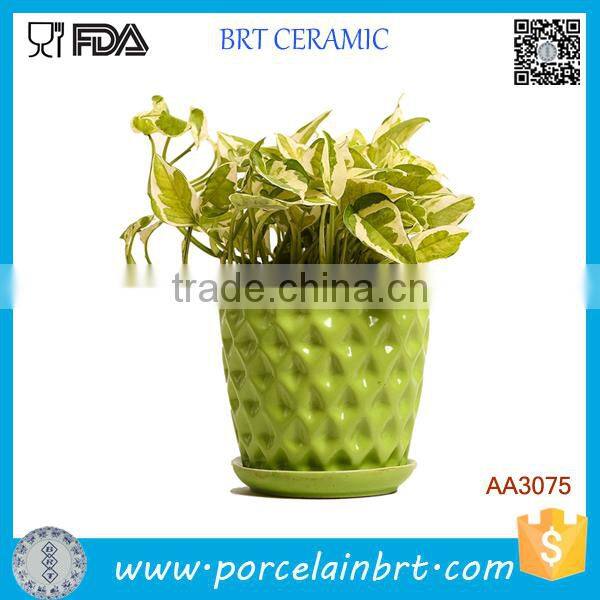 Special Barrel Shape Green Glazed Indoor Ceramic Flower Plant Pot