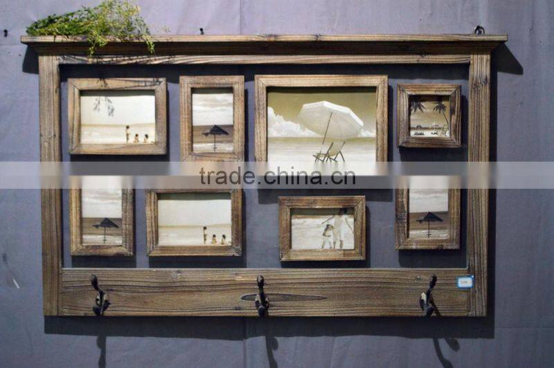 2016 antique wooden wall shelf with photo frame and metal hooks