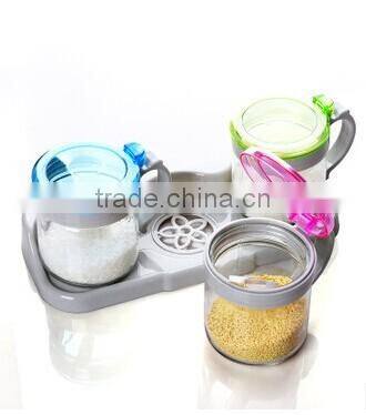 three pieces clear glass cruet set with plastic lid and plastic spoon