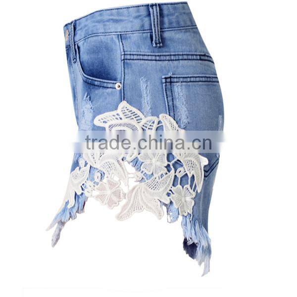 Bohemia style women high waist ripped jeans lace shorts