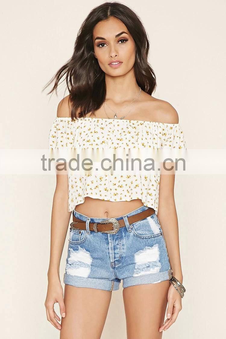 2016 Latest Off Shoulder Floral Print Cropped Top HST8015