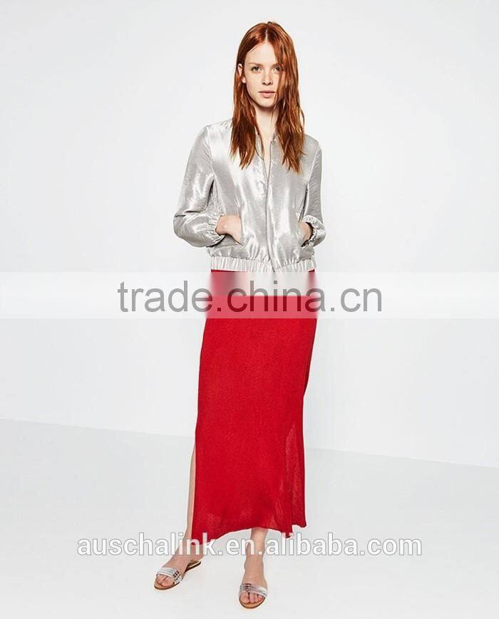new style autumn cheap sliver satin plain front zipper baseball jackets