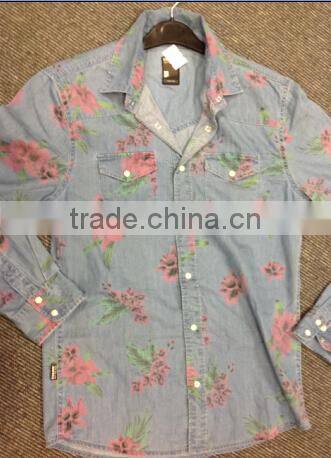 MENS DENIM PRINTED SHORT SLEEVE SHIRT WITH ENZYME WASHED Nd02