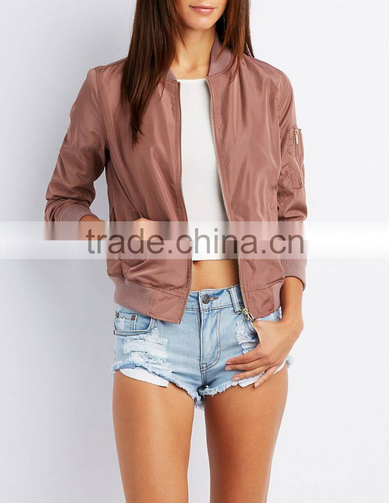 2017 MGOO Custom Logo Zip-Up Bomber Jacket Zippered Sleeve Lightweight Pink Poly Shell Twill Forms