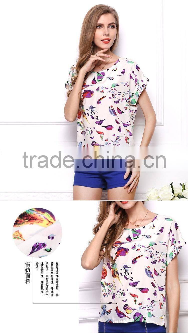 Hot Sale European style plus size batwing sleeves printing Chiffon Blouse shirt for women , Casual Chiffon Blouse &tops