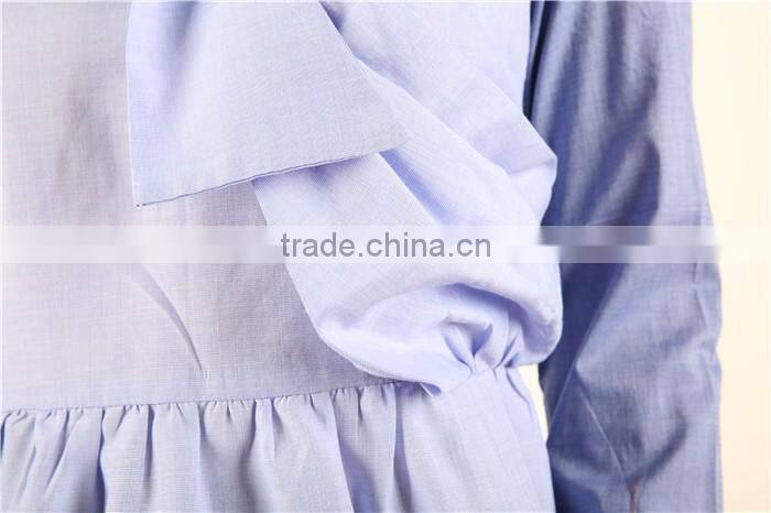 long sleeve blue women blouse patch work designs with bow in front