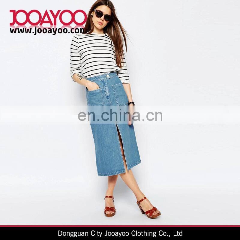 Wash Blue Patch Pockets Concealed Fly Front Split Denim Midi Skirt