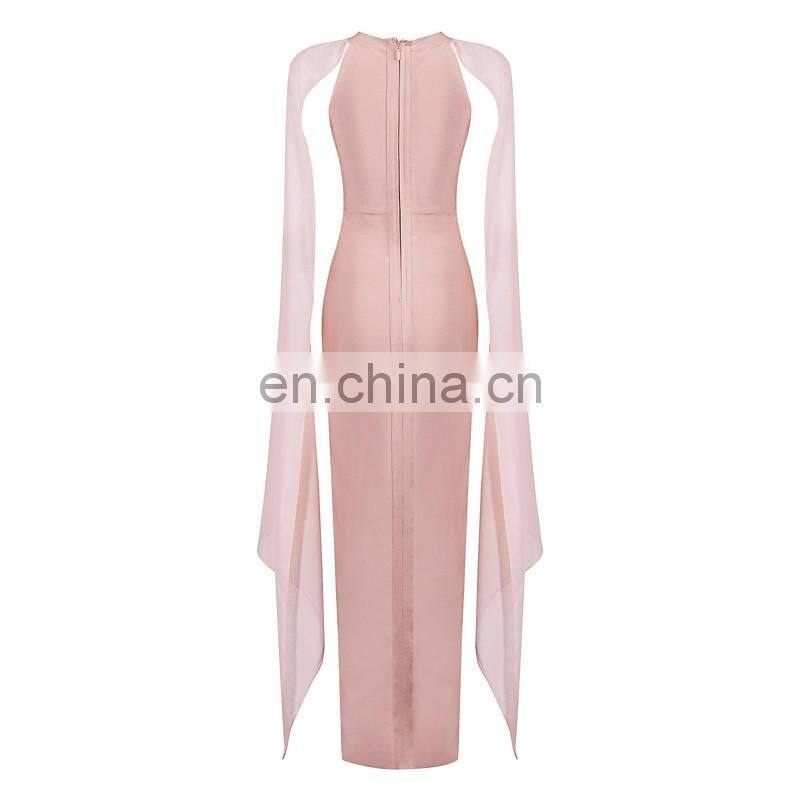 Amigo 2017 Black long chiffon cape sleeve high vent Barelegged long bandage dress modest dresses for young girls