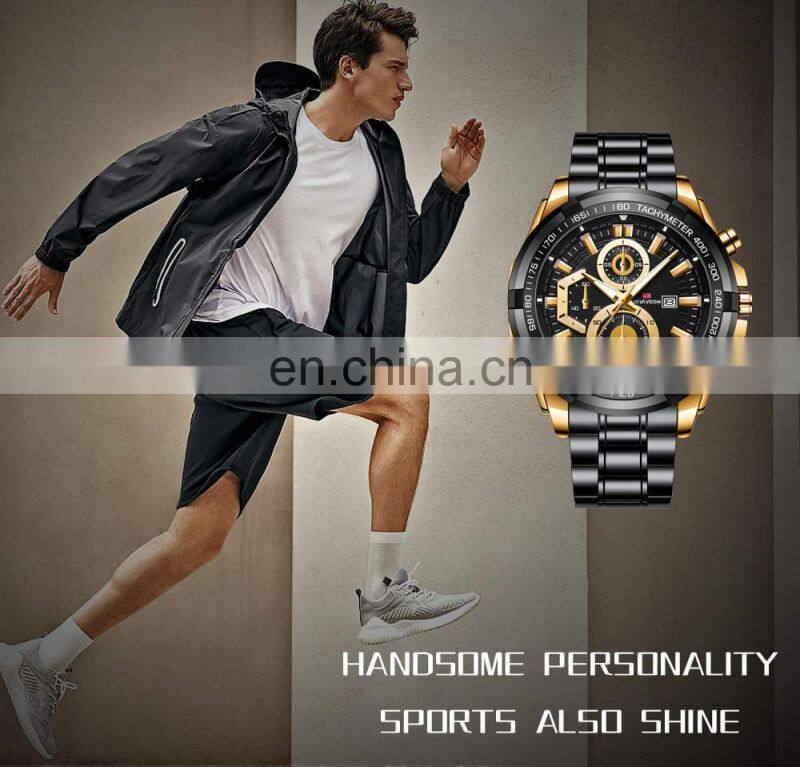 VA VA VOOM 2321 Men Quartz Watch Sports Fashion Rose Gold Case Black Stainless Steel chain watch for men