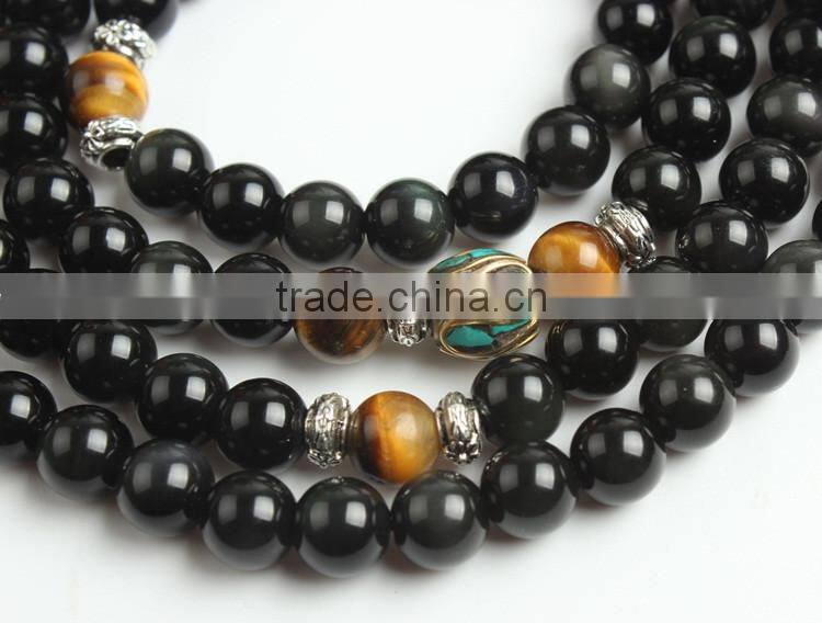 8mm Multilayer yellow Tiger Eye and black Obsidian Malas Prayer Beads Bracelet