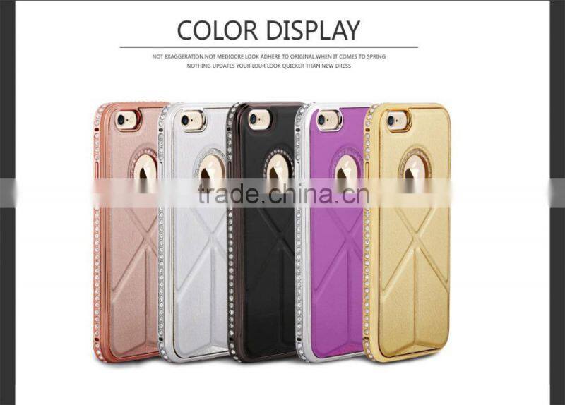 Luxury Plaid Pattern Cowhide Leather Back Cover with Kickstand Diamond Chrome Edged Bumper Hard Case for Iphone6 6plus
