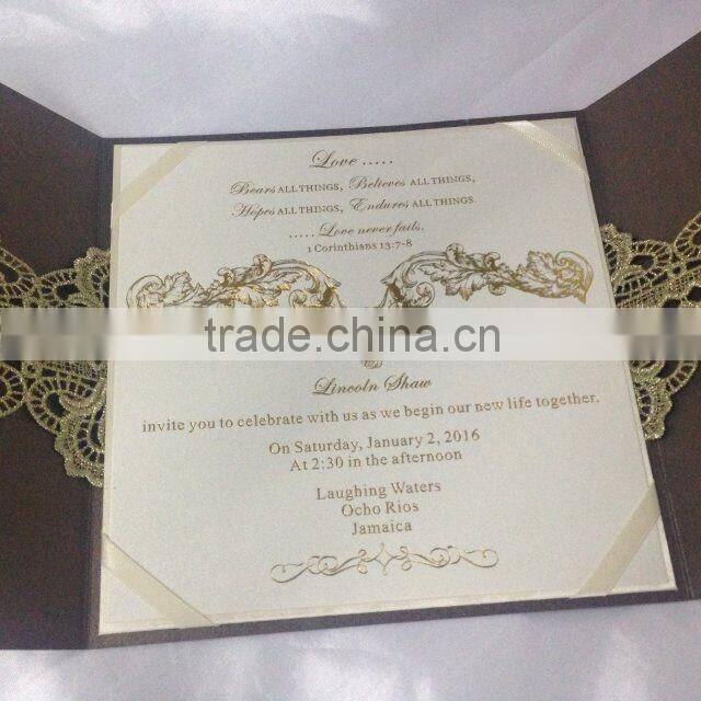 Dignified brown lace folio wedding invitation cards