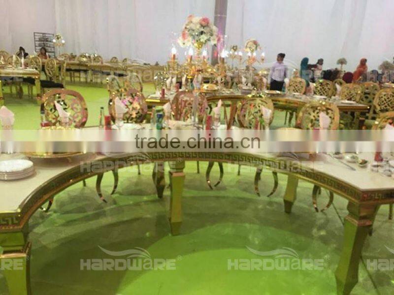 half round wedding gold table , white top dining table MDF