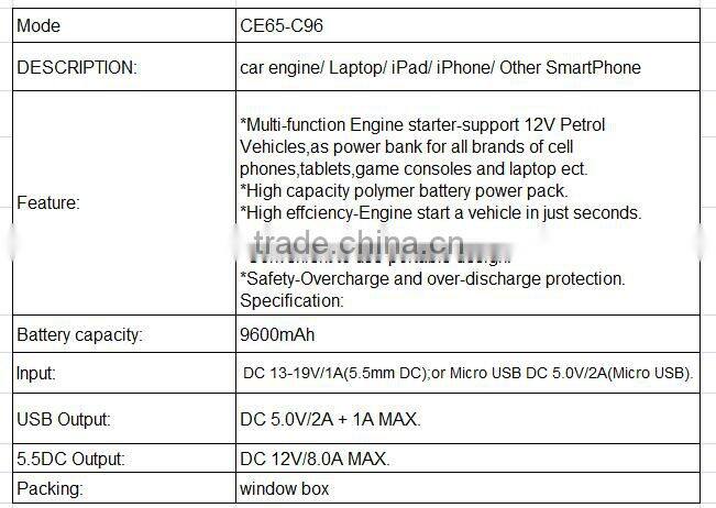 Multifunctional Mobile Power Supply 9600mAh Engine starter-support 12V Petrol Vehicles