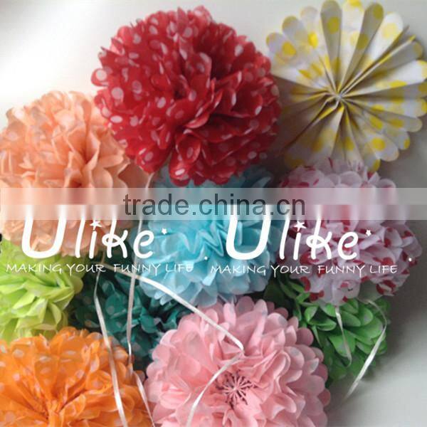new design polka dot paper fan double used paper pinwheels fan and pom poms flowers wedding table decoration