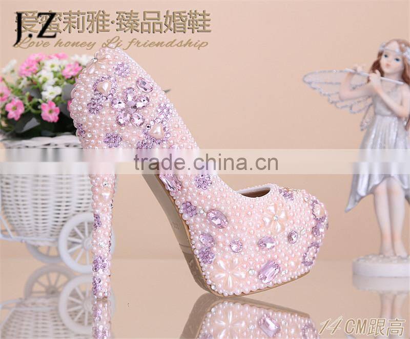 OW23 new design lady noble thin heel pinkcrystal wedding shoes