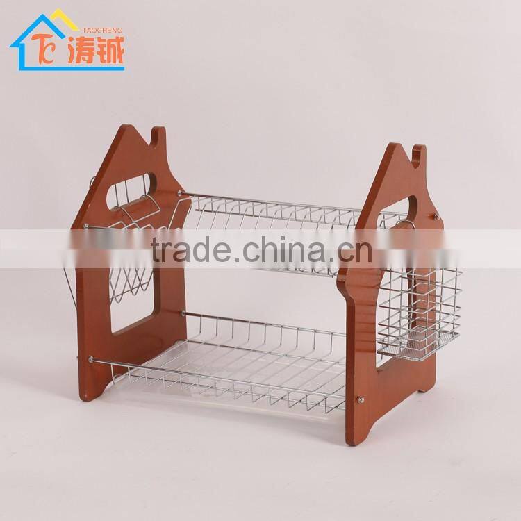 Classical Wooden Storage "house"shape kitchen dish rack single plastic tray