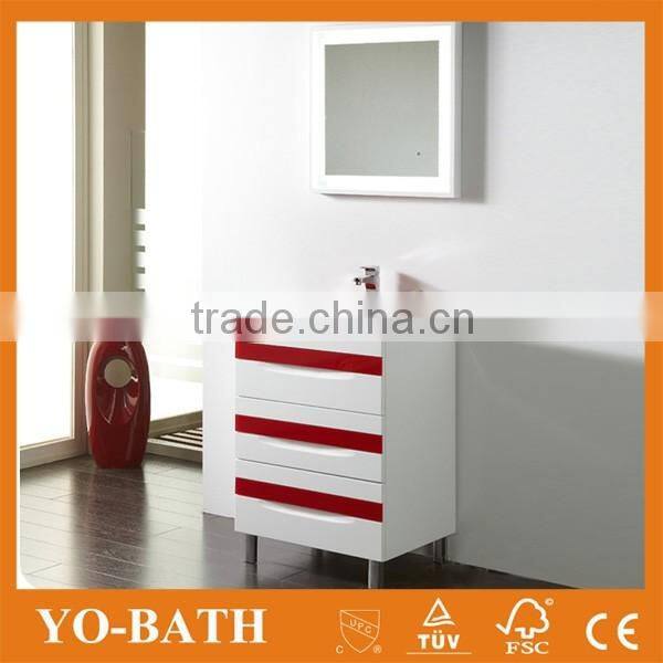 24" modern white red bath vanity with red glass wash basin
