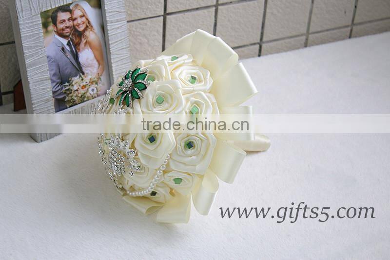 Handmade Custom Satin white Pearl Jeweled Wedding Bouquet ,brooch Bouquet