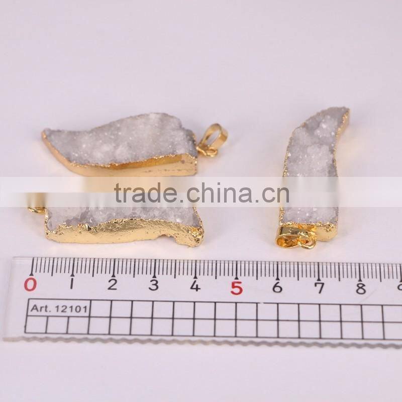 Druzy Quartz Stone Pendant Gold Plated Edged Horn Pendant Jewelry
