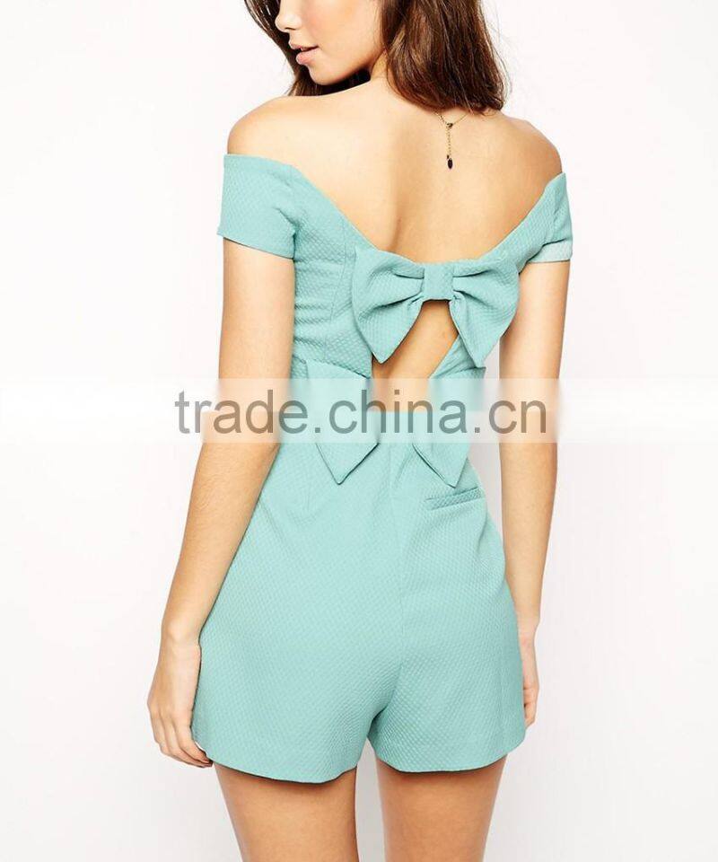 Dobby off-shoulder short sleeve bow back sexy women short jumpsuit