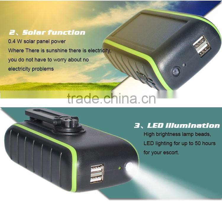 Dual USB 2.1A portable solar mobile charger in power bank, hand crank power solar charger