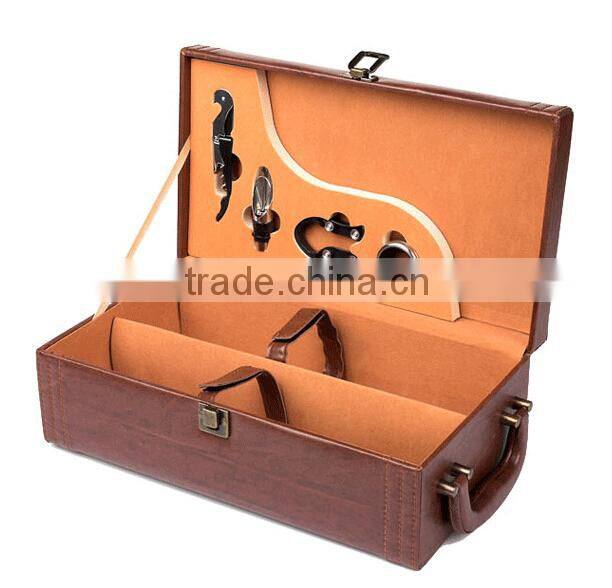 Upscale retro brown leather wine gift boxes for 2 bottles wholesale cheap